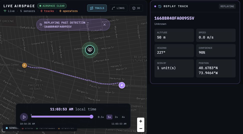 Brooklyn sample replay map with a purple recorded aircraft track